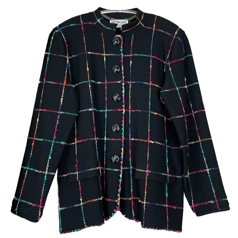 Vtg The Michael Collection Buttoned Knit Cardigan Jacket Black Multicolor Size L